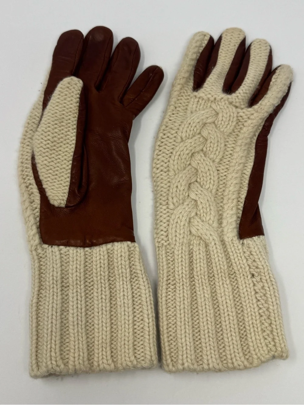VTG 90s/Y2K Grandoe 100% Cashmere Knit Back Leather Palms Gloves Brown Cream S/M